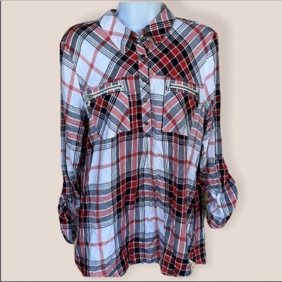 Takara plaid Top blouse Long sleeve Button 3/4 Size Large - Picture 10 of 12
